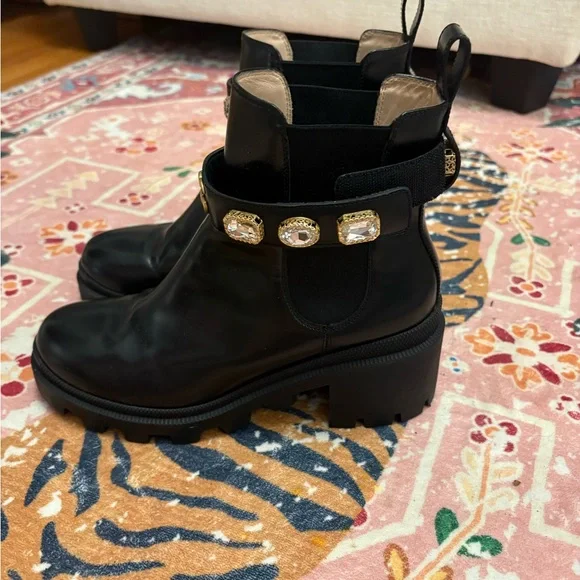 Gucci Black Leather Ankle Boots with Gold Crystal Strap - Picture 2 of 6